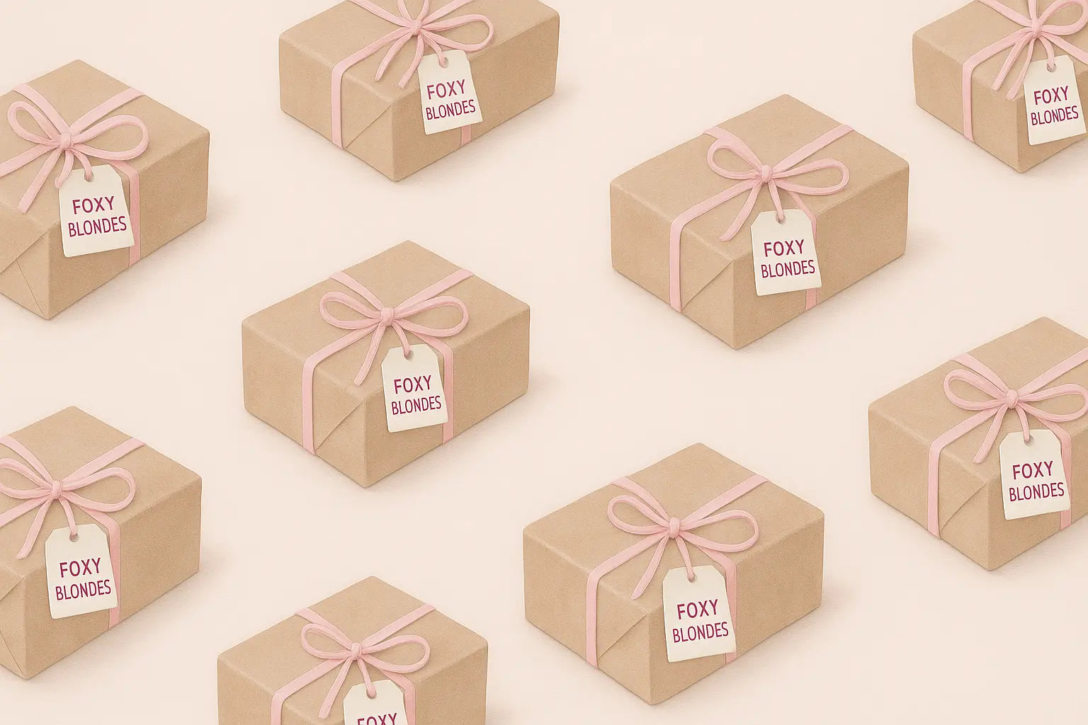 Repeating pattern of brown gift boxes tied with soft pink ribbon, each featuring a swing tag labeled "FOXY BLONDES" on a neutral background.